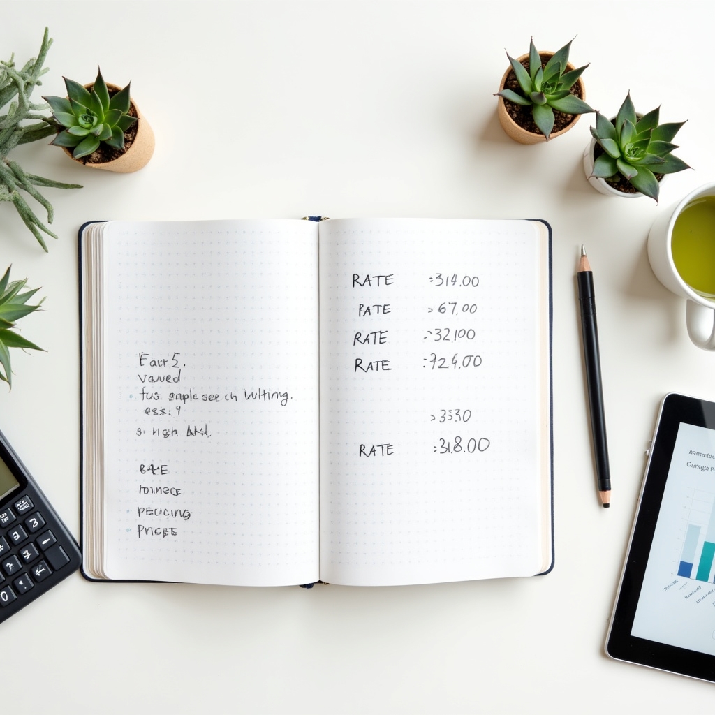 Overhead flatlay of a desk with a notebook showing rate calculations and a calculator