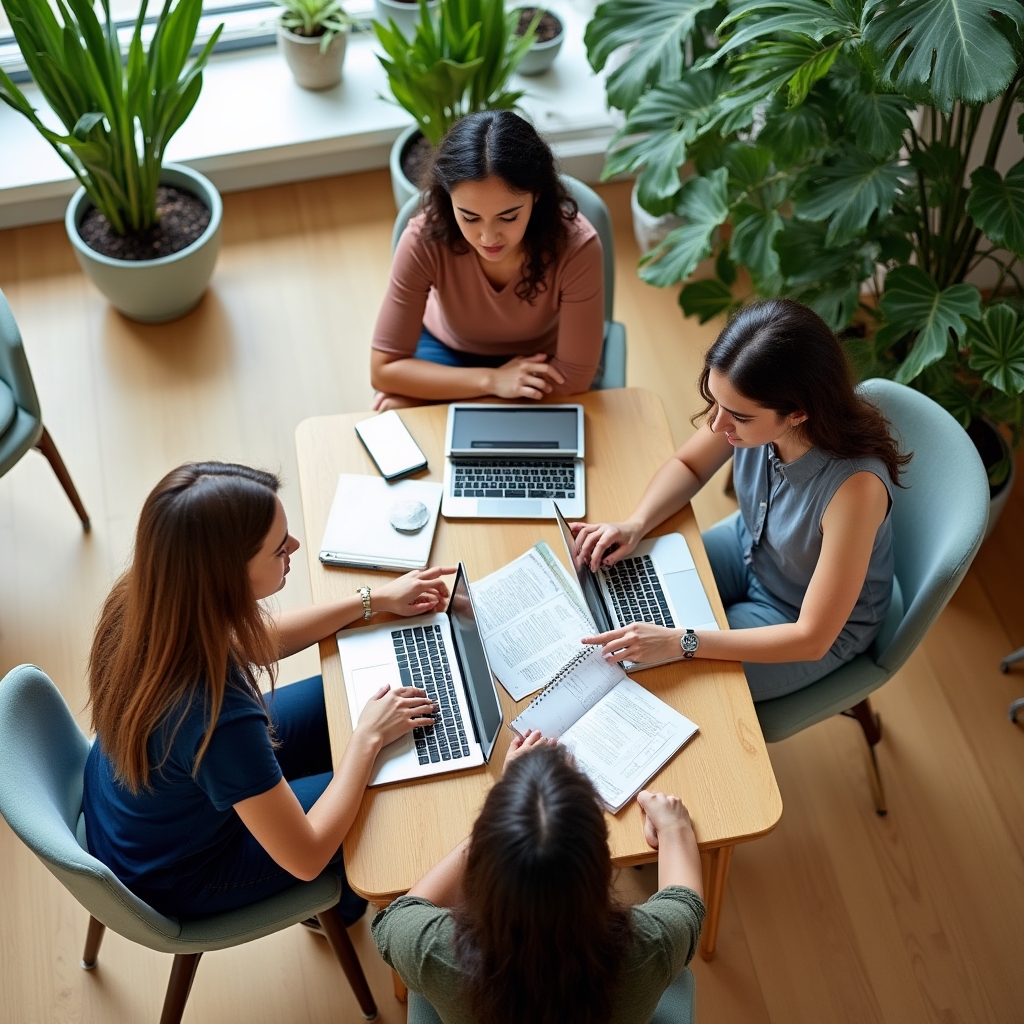Overhead view of new participants reviewing an orientation workbook at a shared table