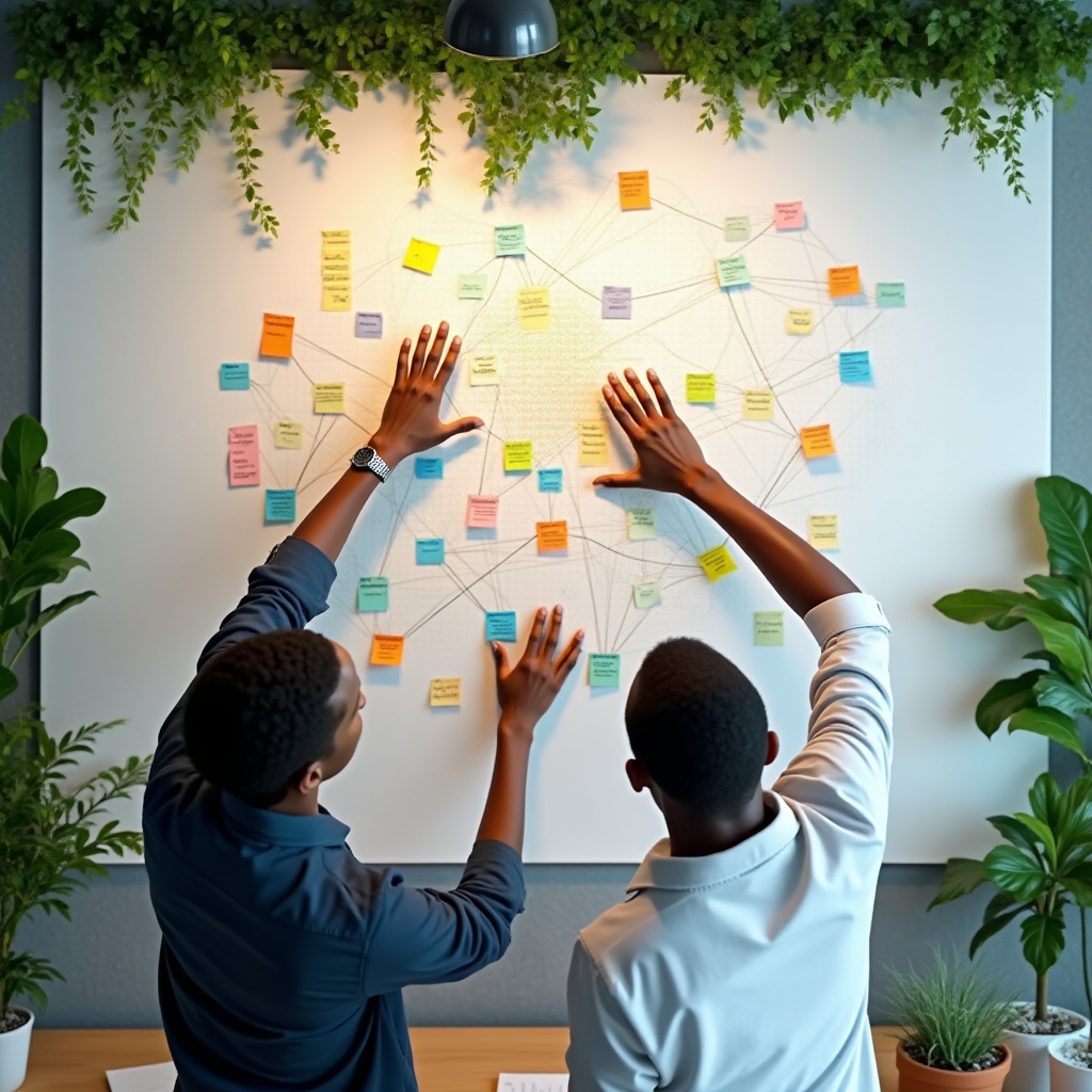 Two colleagues mapping a professional network on a whiteboard from above